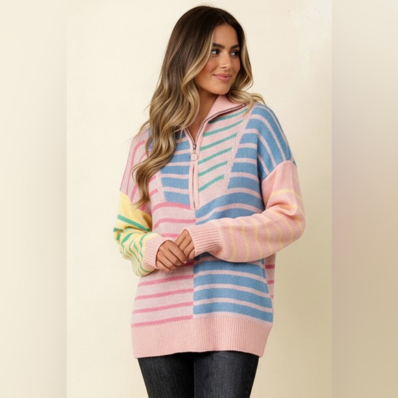 Pink blue stripe half zip contrast western print pullover sweatshirt tunic top - Picture 4 of 7